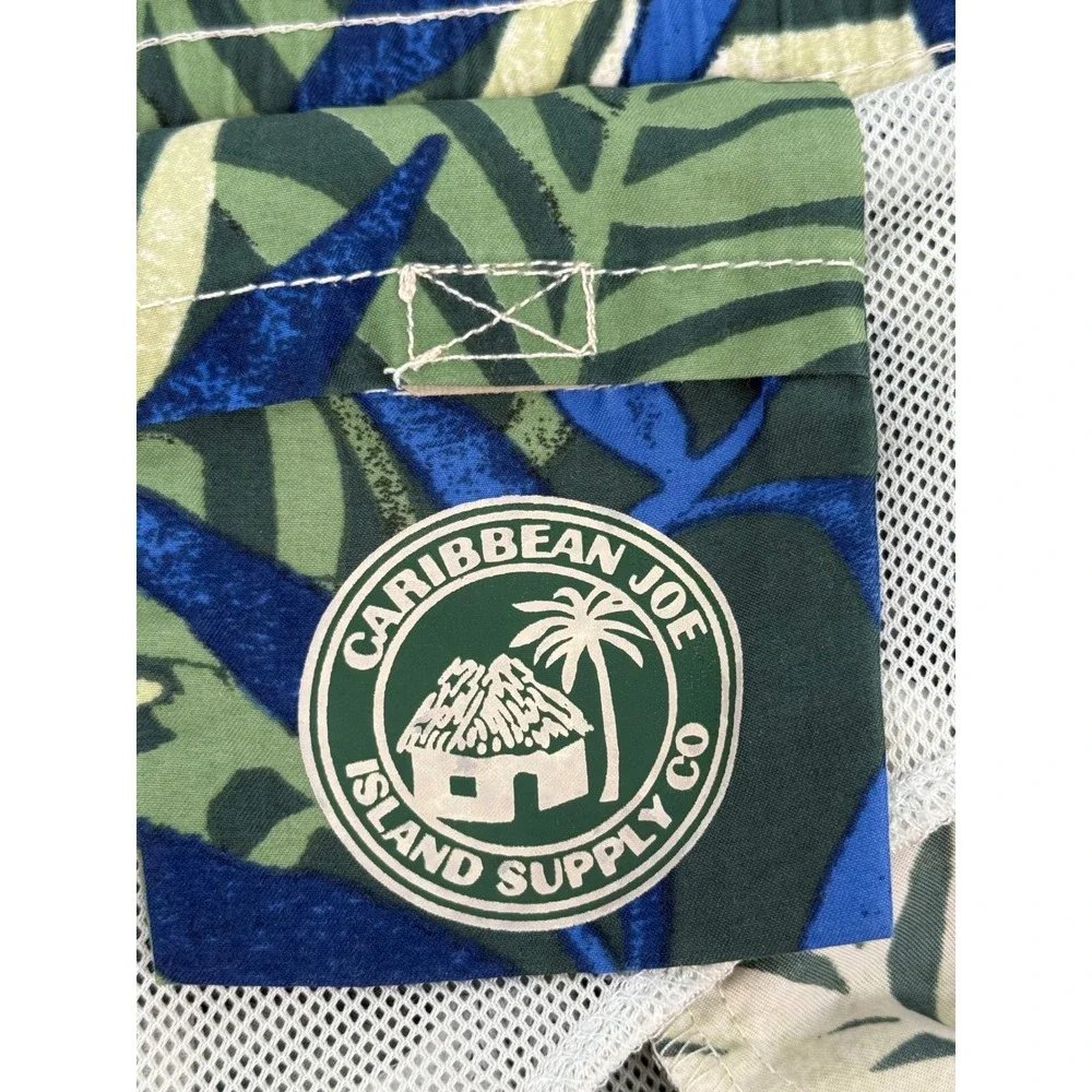 Caribbean Joe Mens Green Blue Palm Leaf Tropical Swim Trunks Mesh Lined Sz M